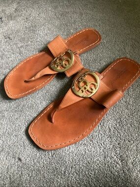 BCBGirls Tan Leather Thong Sandals with Gold Logo